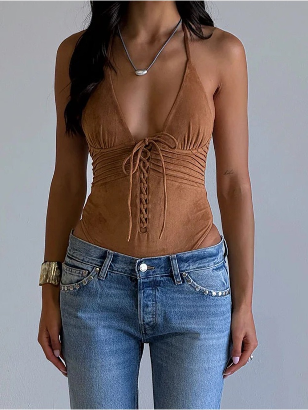 Frankie's Bikinis X Bella Hadid Brown Lace-Up One-Piece Swimsuit
